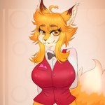 ahoge anthro big_breasts biped bow_tie breasts clothing dipstick_tail eye_through_hair eyebrow_through_hair eyebrows eyelashes female fur hair inner_ear_fluff markings orange_body orange_eyes orange_fur orange_hair red_clothing red_topwear smile solo tail tail_markings topwear translucent translucent_hair tuft waiter alaa_mahdiyosif jasmin_(jasminthemanticore) canid canine fox mammal red_fox true_fox 1:1 2022 digital_drawing_(artwork) digital_media_(artwork) half-length_portrait hi_res portrait