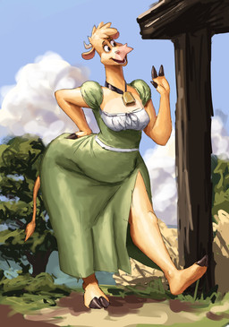 3_fingers anthro anthrofied big_butt breasts butt clothing collar cowbell cowbell_collar dress female fingers gesture hand_on_hip hooved_fingers hooved_plantigrade hooved_toes hooves horn jewelry necklace open_mouth open_smile plantigrade smile solo tail waving wide_hips redustheriotact disney home_on_the_range grace_(home_on_the_range) bovid bovine cattle mammal absurd_res hi_res