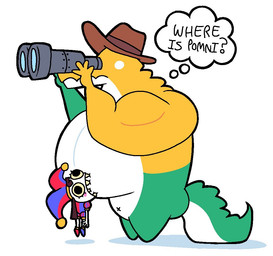 ambiguous_gender anthro biceps big_muscles big_pecs binoculars biped black_text candy clothed clothed_human clothing countershade_torso countershading cowboy_hat dessert duo eyelashes food fool's_hat green_body hat headgear headwear holding_binoculars holding_object huge_pecs male muscular muscular_male navel no_eyebrows nude_anthro nude_male oblivious pec_bite pecs shadow sharp_teeth simple_background tail teeth text thought_bubble under_breasts white_background white_body white_countershading x_navel yellow_body solointerrobang glitch_productions the_amazing_digital_circus where_is_chiikawa? gummigoo_(tadc) pomni_(tadc) crocodile crocodilian food_creature human living_candy mammal reptile scalie 2024 archived_source digital_drawing_(artwork) digital_media_(artwork) english_text meme female_(lore)