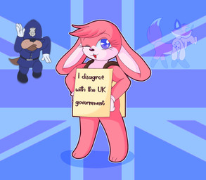 anthro belt blue_eyes brown_body brown_fur carrying_with_mouth clothing covered_eyes eyes_closed female feral flag flag_background fur gloves group handwear male one_eye_closed open_mouth pink_body pink_clothing pink_fur pink_gloves pink_handwear police police_uniform red_body red_fur satire sign text uniform union_jack united_kingdom white_clothing white_gloves white_handwear wink yellow_body yellow_fur young young_female saltypupcake bulldog canid canine canis domestic_dog european_red_fox fox lagomorph leporid mammal mastiff molosser rabbit red_fox true_fox digital_media_(artwork) english_text hi_res