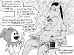 alcohol anthro belly beverage clothed clothing dialogue duo feathers humor male nipples peacock_feather slightly_chubby text topless baalbuddy atlus bojack_horseman jack_daniel's megami_tensei netflix sega bojack_horseman_(character) jack_frost_(megami_tensei) demon equid equine horse humanoid imp mammal absurd_res english_text hi_res monochrome