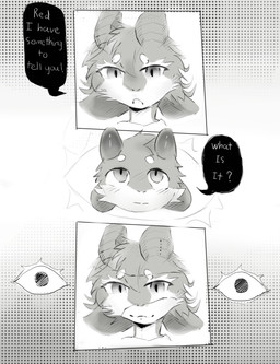 anthro countershade_torso countershading dialogue duo female fur horn male speech_bubble text white_body white_countershading huntings mythology red_the_explorer dragon furred_dragon furred_scalie mythological_creature mythological_scalie scalie absurd_res comic english_text hi_res