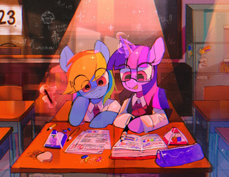 classroom classroom_desk clothing duo eyewear female female/female glasses horn necktie open_mouth pencil_(object) school school_uniform student studying uniform poneko-chan friendship_is_magic hasbro my_little_pony mythology rainbow_dash_(mlp) twilight_sparkle_(mlp) equid equine horse mammal mythological_creature mythological_equine pony unicorn