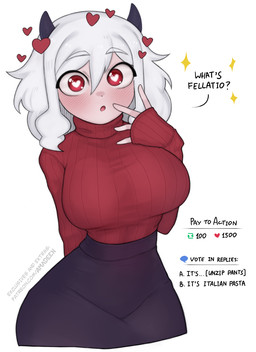 2_horns big_breasts biped black_bottomwear black_clothing black_horn black_skirt blush blush_lines bottomwear breasts clothing eyebrow_through_hair eyebrows female grey_hair hair heart_eyes heart_pupils heart_symbol horn interaction_drive looking_at_viewer pencil_skirt red_clothing red_eyes red_sweater red_topwear red_turtleneck skirt solo sweater text topwear translucent translucent_hair turtleneck amadeen conditional_dnp helltaker modeus_(helltaker) demon demon_humanoid humanoid english_text portrait url