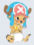 anthro antlers blush clean_diaper clenched_teeth clothed clothing diaper embarrassed hat headgear headwear hooves horn looking_up male sitting solo spread_legs spreading teeth wearing_diaper kuuneho one_piece tony_tony_chopper deer mammal absurd_res hi_res