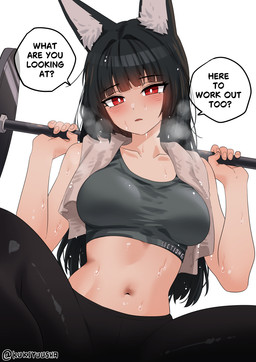 bangs black_bottomwear black_clothing black_hair black_pants blunt_bangs blush blush_lines bodily_fluids bottomwear bra breasts breath clothing crop_top dialogue excessive_sweat exercise female hair holding_object inner_ear_fluff long_hair looking_at_viewer low-angle_view medium_breasts midriff navel panting pants pupils red_eyes shirt simple_background solo speech_bubble sports_bra steamy_breath sweat sweaty_body sweaty_skin talking_to_viewer text topwear towel towel_around_neck tuft underwear weightlifting wet wet_body white_background white_pupils workout yoga_pants kukiyuusha mihoyo zenless_zone_zero hoshimi_miyabi animal_humanoid canid canid_humanoid canine canine_humanoid fox_humanoid humanoid mammal mammal_humanoid thiren digital_drawing_(artwork) digital_media_(artwork) english_text hi_res watermark
