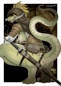 anthro armor barefoot bodypaint breasts butt claws clothed clothing dagger face_paint feathers feet female female_anthro finger_claws long_tail looking_at_viewer melee_weapon mouth_hold multicolored_body multicolored_scales non-mammal_breasts open_mouth scales sharp_teeth side_boob soles solo sword tail teeth thief toe_claws underwear weapon osada microsoft the_elder_scrolls argonian reptile scalie 2023 alternate_version_at_source digital_media_(artwork) hi_res