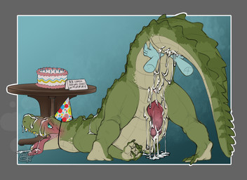 after_anal after_oral after_sex ahegao animal_genitalia animal_penis anthro birthday_cake bodily_fluids braces butt cake clothing crocodilian_penis cum cum_in_ass cum_in_mouth cum_inside cum_on_back cum_on_face dessert floating_hands food genital_fluids genitals hat headgear headwear looking_pleasured male party_hat penis presenting presenting_hindquarters raised_tail semi-anthro sharp_teeth simple_background slitfluid solo tail tail_anus teeth text thick_tail tongue tongue_out benji_(artist) benji_alligator_(benji) alligator alligatorid crocodilian reptile scalie alternate_version_at_source english_text hi_res signature