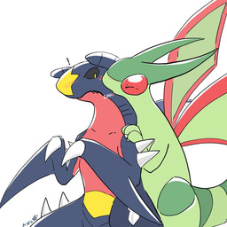 ambiguous_gender antennae_(anatomy) blue_body blush blush_lines claws duo feral green_body green_tail green_wings kiss_on_cheek kissing red_body spikes spikes_(anatomy) tail wings yellow_body 0bon nintendo pokemon flygon garchomp generation_3_pokemon generation_4_pokemon pokemon_(species) 1:1 2023 hi_res