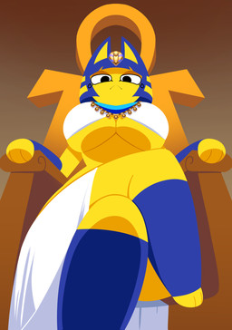 :< ankh anthro big_breasts blue_hair bottomwear breasts chair clothing crossed_legs egyptian egyptian_clothing female furniture gold_(metal) hair loincloth looking_at_viewer looking_down low-angle_view paws pouting robe serious_face simple_background sitting solo thick_thighs throne under_boob yellow_body sillyseacreatur animal_crossing nintendo ankha_(animal_crossing) domestic_cat felid feline felis humanoid mammal absurd_res hi_res