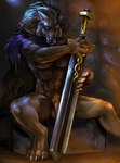 anthro clothing coat genitals knight light looking_at_viewer male melee_weapon partial_nudity penis scar solo sword topwear warrior weapon amberdrop elden_ring fromsoftware blaidd_(elden_ring) canid canine canis mammal wolf color_contrast dark_theme hi_res warm_colors