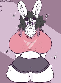 anthro black_hair bottomwear breasts cleavage clothed clothing female fluffy fluffy_ears fluffy_hair hair hotpants huge_hips huge_thighs looking_down neck_tuft pattern_background pink_hair purple_eyes shirt shorts simple_background smile solo sparkles thatdumbdeer thick_thighs topwear tuft white_body wide_hips marshmallow_(bunnycurves) lagomorph leporid mammal rabbit