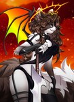 accessory anthro armor ashes belt black_clothing black_suit blue_eyes bodysuit boots bottomwear bracers breasts brown_body brown_fur brown_hair burning clothed clothing collar costume demonic dragon_wings fantasy female fingernails fingers fire fluffy fluffy_ears fluffy_tail footwear fur gloves gradient gradient_background gradient_fur hair halo handwear hell inner_ear_fluff jewelry legwear melee_weapon membrane_(anatomy) membranous_wings mitten_hands multicolored_body multicolored_ears multicolored_fur multicolored_tail nails pink_nose shoes silver_(metal) simple_background skinsuit skirt sky smile smiling_at_viewer solo sparks stockings suit sword tail tight_clothing topwear tuft underworld warrior weapon white_body white_fur wings conditional_dnp shimisen mythology demon domestic_cat felid feline felis mammal hi_res