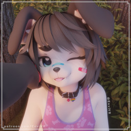 anthro band-aid bandage bell bell_collar black_body black_fur black_hair black_nose blep blue_eyes clothing collar crop_top duo eyebrows eyelashes female forest fur hair hand_on_face male male/male one_eye_closed petting plant pov_hands shirt tongue tongue_out topwear tree white_body white_fur envivr blender_cycles envi_(sona) canid canine canis domestic_dog mammal 3d_(artwork) absurd_res blender_(artwork) digital_media_(artwork) hi_res