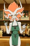 anthro apron apron_only big_breasts breasts clothing collarbone container cup drinking_straw eyelashes female hair holding_container holding_cup holding_object holding_pen horn nipple_slip nipples orange_eyeshadow orange_hair pen plant scar smile smiling_at_viewer solo white_body yellow_eyes yellow_nipples carrotgitlewd hollow_knight i_mean_breast_milk starbucks team_cherry amber_(carrotgitlewd) fan_character elemental_creature elemental_humanoid flora_fauna humanoid plant_humanoid 2:3 absurd_res hi_res meme