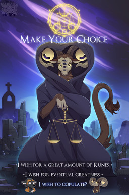 anthro black_body black_fur bodily_fluids brown_body brown_fur clothing covering crossgender dialogue dialogue_choice duo eye_roll female fur holding_object hood horizontal_pupils larger_female looking_at_viewer male male/female nervous nervous_sweat night outside pupils robe size_difference sweat tan_body tan_fur text white_body white_fur conditional_dnp xnirox elden_ring elden_ring_nightreign fromsoftware libra_creature_of_night wesley_(suave_senpai) bovid canid canine caprine cross_fox fox goat mammal red_fox true_fox english_text hi_res
