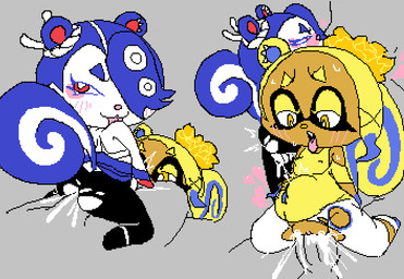 anthro anthro_penetrated black_bottomwear black_clothing black_pants blonde_eyebrows blonde_hair blue_eyebrows blue_hair blush blush_lines bodily_fluids bottomwear brown_body clothed clothed_anthro clothed_female clothing cosplay crossover_cosplay cum cum_in_vagina cum_inflation cum_inside eyebrows featureless_feet featureless_hands feet female female_anthro female_penetrated genital_fluids genitals group hair half-closed_eyes heart_symbol inflation looking_pleasured male male/female male_penetrating male_penetrating_anthro male_penetrating_female multicolored_tail narrowed_eyes pants penetration penile penile_penetration pink_nose red_eyes sex tail tongue tongue_out torn_bottomwear torn_clothing torn_pants trio vaginal vaginal_penetration vulva white_body white_bottomwear white_clothing white_pants yellow_eyes grorby animal_crossing nintendo splatoon cece_(animal_crossing) frye_(splatoon) shiver_(splatoon) viche_(animal_crossing) ambiguous_species mammal rodent sciurid tree_squirrel 2025 aliasing crossover digital_media_(artwork) flat_colors pixel_(artwork)