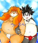 anthro asian_clothing balls belly black_body black_fur blush bulge clothing duo east_asian_clothing fundoshi fur genitals hand_holding humanoid_hands japanese_clothing kemono male male/male moobs overweight overweight_male underwear white_body white_fur norataro bear felid giant_panda lion mammal pantherine 2008