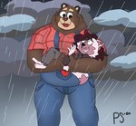 anthro brown_body brown_fur carrying_another clothing duo fur humanoid_hands male overalls overweight overweight_male raining psychicsurge the_human_heart_(game) cade_maplebottom bear mammal 2020 hi_res