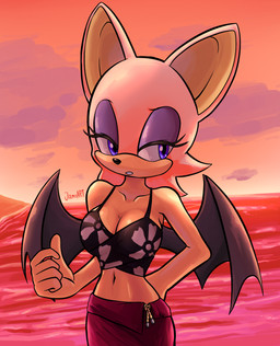 anthro beach breasts cleavage clothed clothing female midriff navel seaside solo sunset text wings jamoart sega sonic_the_hedgehog_(series) rouge_the_bat bat mammal english_text hi_res signature