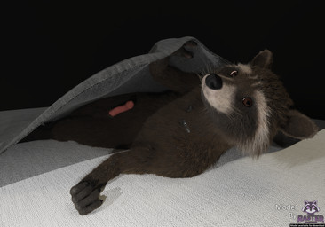 anthro balls bed bedding black_background black_nose blanket brown_body brown_eyes brown_fur facial_markings fur furniture genitals head_markings looking_at_viewer male markings mask_(marking) nude penis pink_penis simple_background solo text under_blanket whiskers rasterraccoon disney guardians_of_the_galaxy marvel marvel_cinematic_universe rocket_raccoon mammal procyonid raccoon 3d_(artwork) blender_(artwork) blender_cycles_(artwork) digital_media_(artwork) english_text hi_res watermark