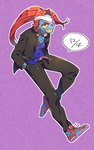 bandage black_clothing black_jacket black_topwear blue_body blue_skin clothing female fin footwear grin hair jacket looking_at_viewer one_eye_obstructed ponytail purple_clothing purple_shirt purple_topwear red_hair shirt shoes smile solo topwear yellow_sclera pugthe2ro undertale undertale_(series) undyne animal_humanoid fish fish_humanoid humanoid marine marine_humanoid 5:8 hi_res