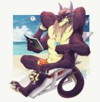 6_arms 6_pecs anthro beach beach_chair beverage book chair feet furniture holding_beverage holding_book holding_object horn logo male multi_arm multi_limb multi_pecs multifur muscular muscular_anthro muscular_male on_chair pecs purple_body purple_skin reading relaxing sea seaside sitting sitting_on_chair solo tail water kaylinmangorian mythology arachnid arthropod dragon hybrid mythological_creature mythological_scalie scalie spider artist_logo hi_res