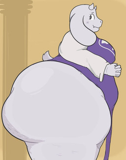 2_horns anthro belly big_breasts big_butt biped breasts butt cellulite clothed clothing female floppy_ears horn huge_butt lop_ears mature_anthro mature_female obese obese_anthro obese_female overweight overweight_anthro overweight_female scut_tail short_tail simple_background slit_dress smile solo standing tail tan_background thick_thighs white_body bellbites undertale_(series) toriel bovid caprine goat mammal 2025 digital_media_(artwork)