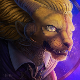 anthro blue_eyes clothed clothing collared_shirt eyewear fur gold_mane gums horn light looking_at_viewer male mane monocle open_mouth purple_background shirt simple_background solo teeth text topwear whisker_spots whiskers yellow_body yellow_fur ki-re guild_wars snargle_goldclaw charr felid mammal 2022 artist_name colored digital_media_(artwork) digital_painting_(artwork) hi_res lighting painting_(artwork) shaded url watermark