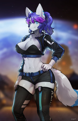 5_fingers anthro blue_eyes blurred_background bottomwear breasts chest_tuft clothing eyebrow_through_hair eyebrows eyelashes fangs female fingers fur hair hand_on_hip hand_on_own_hip jacket legwear looking_at_viewer midriff multicolored_hair navel pink_hair planet purple_hair short_hair shorts smile solo tail teeth thigh_highs topwear translucent translucent_hair tuft white_body white_fur white_tail pgm300 canid canine mammal 2021 digital_media_(artwork) hi_res shaded