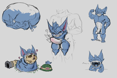 abdominal_bulge anal belly belly_on_ground big_belly blue_body blue_fur blush blush_lines bodily_fluids digestion feet_first flexing fur head_in_mouth heart_symbol huge_belly male male/male mouth_shot multiple_prey muscular open_mouth oral_vore penetration pointing_at_mouth reaching_out size_difference smaller_penetrated smaller_pred stretched_mouth swallowing tears tears_of_pleasure thick_thighs unwilling_prey vore nommsalotl league_of_legends riot_games tencent rumble_(lol) teemo_(lol) yordle 3:2 digital_drawing_(artwork) digital_media_(artwork) hi_res sketch_page