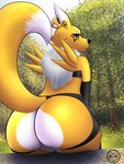 anthro big_butt butt clothing ear_piercing ear_ring female flesh_tunnel fur gauged_ear looking_at_viewer notched_ear piercing ring_piercing small_clothing solo thong tight_clothing underwear white_body white_fur yellow_body yellow_eyes yellow_fur mike_santos bandai_namco digimon canid digimon_(species) mammal renamon 3:4 hi_res