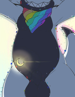 animal_genitalia anthro balls belly claws fully_sheathed genitals glowing glowing_markings grin horn kerchief kerchief_only male markings mostly_nude navel neckerchief neckerchief_only neckwear obscured_face sharp_teeth sheath slightly_chubby smile solo standing teeth white_body young young_male mrpandragon bandai_namco digimon digimon_(species) gammamon scalie hi_res