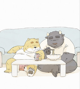 anthro black_nose blush dot_eyes duo eating food furniture kemono male male/male overweight overweight_male simple_eyes sitting sofa pommn_mn bovid bovine canid canine canis cattle domestic_dog mammal 2025 hi_res