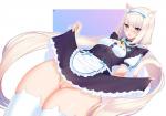 blue_eyes blush bottomwear clothed clothing clothing_lift female genitals hair legwear long_hair no_underwear open_mouth pussy skirt skirt_lift solo thigh_highs tofuubear nekopara vanilla_(sayori) animal_humanoid cat_humanoid felid felid_humanoid feline feline_humanoid humanoid mammal mammal_humanoid