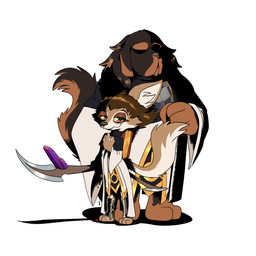 anthro armor big_ears book clothing duo eyeshadow fangs fantasy female fluffy fluffy_tail gem inquisitor magic magic_user makeup male paws shirt simple_background size_difference smaller_female tail teeth toony topwear tunic weapon turkojar ivelmina_lune canid canine canis domestic_dog jackal livestock_guardian_dog mammal molosser mountain_dog pastoral_dog tibetan_mountain_dog 1:1 hi_res