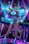 action_pose anthro breasts clothed clothed_anthro clothed_female clothing cocktail_dress dancing disc_jockey disco dj_booth dutch_angle female female_anthro footwear front_view hair long_hair medium_breasts nightclub open_mouth platform_footwear platform_shoes ponytail pose raised_arm red_hair shoes smile solo standing teeth tongue turntable_(decks) vr_headset elvofirida dyv3ke felid lion mammal pantherine 2022 digital_media_(artwork) full-length_portrait hi_res portrait shaded soft_shading