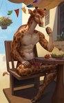 alcohol anthro apple beverage brown_body brown_fur brown_hair chair clothed clothing cloven_hooves container crossed_legs cup drinking_glass ear_piercing ear_ring eating food fruit fur furniture glass glass_container glass_cup hair hat headgear headwear hooves horn long_neck male muscular muscular_anthro muscular_male on_chair ossicone outside piercing plant ring_piercing salad shirtless_anthro shirtless_male shorts_only sitting sitting_on_chair sky solo table topless wine wine_glass tagonkrat giraffe giraffid mammal absurd_res hi_res