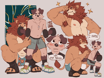 annoyed anthro arm_tuft armpit_hair biceps black_nose blush body_hair bottomwear clothed clothing coach cross cross_necklace crouching dialogue dot_eyes duo exercise eye_roll facial_tuft fart flexing floppy_ears footwear humor jewelry looking_at_another male mane musclegut muscular muscular_male necklace nipples open_mouth pecs shirtless shoes shorts shoulder_tuft simple_eyes socks sparkles surprised text toeless_footwear topless topless_male tuft weightlifting weights workout hemuchang ryker_(rykerlion) shin_(hemuchang) canid canine canis domestic_dog felid lion mammal pantherine english_text hi_res