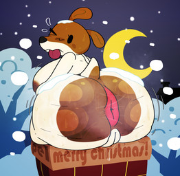 anthro anus big_anus big_breasts big_butt bodily_fluids breasts brown_ears butt butt_focus crescent_moon female genitals huge_anus hyper hyper_anus looking_at_viewer moon musk night one_eye_closed outside puffy_anus rear_view scut_tail short_tail snow snow_on_body solo sweat sweaty_butt tail text thick_thighs tongue tongue_out vulva pelnsfw olive_the_other_reindeer olive_(olive_the_other_reindeer) canid canine canis domestic_dog mammal 2025 english_text hi_res