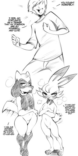 anthro barely_visible_genitalia barely_visible_vulva biped blush bottomwear clothed clothing dialogue female genitals group hair hair_over_eyes male nude open_mouth pants shirt simple_background smile tail tail_motion tailwag text thick_thighs topwear trio vulva saltyxodium nintendo pokemon canid generation_4_pokemon generation_8_pokemon human lagomorph leporid mammal pokemon_(species) riolu scorbunny 2025 absurd_res english_text hi_res monochrome