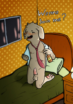 alcohol anthro balls beer beverage blush bodily_fluids claws clothed clothing drunk erection fur genital_fluids genitals hair kneeling male nipples nude open_mouth pawpads paws penis simple_background smile solo substance_intoxication text nate_foster fan_character lagomorph leporid mammal rabbit digital_media_(artwork) hi_res