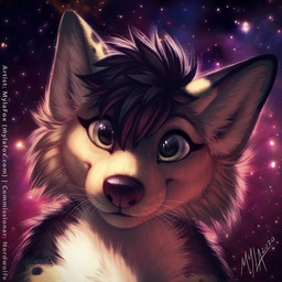 anthro black_body black_fur black_hair black_nose cheek_tuft chest_tuft closed_smile cosmic_background detailed_background eyelashes facial_tuft female front_view fur glistening glistening_eyes green_eyes hair mouth_closed nude smile solo space space_background star tan_body tan_fur text tuft mylafox canid canine canis mammal wolf 1:1 2020 bust_portrait dated detailed hi_res icon portrait signature url
