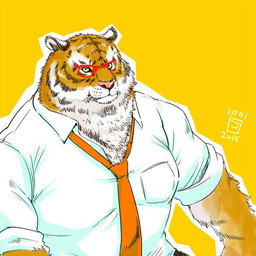 anthro clothing eyewear fur glasses kemono male necktie pink_nose shirt simple_background solo topwear white_body white_fur yellow_background yellow_body yellow_eyes yellow_fur conoji felid mammal pantherine tiger 1:1 2015