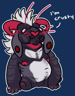anthro chibi featureless_crotch grey_body hair horn male mouth_closed nipples nude overweight overweight_anthro overweight_male red_horn red_nipples red_nose red_sclera sitting solo white_body white_eyes white_hair rayliicious ronni_(rayliicious) alpha_channel low_res