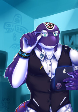 5_fingers anthro blue_background bracelet clothed clothing electronics eyewear fingers fur glasses green_eyes jewelry male purple_body purple_fur purple_skin simple_background solo suit tablet tablet_computer tattoo topwear vest white_body white_fur katsuke quwa aquatic cetacean dolphin mammal oceanic_dolphin orca toothed_whale digital_media_(artwork) hi_res