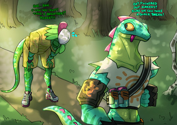 anthro bottomwear clothing crop_top dialogue duo fingerless_gloves footwear gloves handwear jogging male male/male outside plant shirt shoes shorts snapback_hat t-shirt text tongue tongue_out topwear tree drstrangeluvve epic_games fortnite lizzik_(fortnite) ziggy_(fortnite) chameleon lizard reptile scalie english_text hi_res