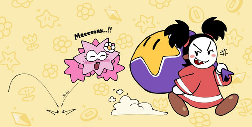 black_eyes black_hair black_text blush blush_stickers brown_clothing brown_footwear brown_shoes clothing duo exclamation_point expressive_mask eyelashes featureless_hands female flower_accessory footwear freckled_face freckles hair holding_sack hooded_robe not_furry open_mouth open_smile pattern_background pigtails pink_blush pink_body red_clothing red_robe robe sharp_teeth shoes simple_background smile teeth text white_body white_sclera white_skin yellow_background genocityzone mario_bros nintendo lea_(lu_uuuuuu) sadie_(genocityzone) bandit_(mario) fuzzy_(mario) humanoid pink_fuzzy 2025 digital_media_(artwork)