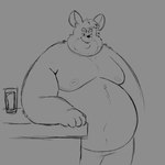 anthro belly big_belly happy male moobs nipples one_eye_closed overweight overweight_male simple_background smile solo wink grounhounse mammal mouse murid murine rodent 1:1 2025 hi_res monochrome