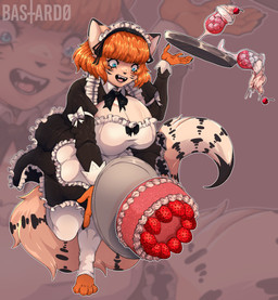 alcohol anthro beverage cake cherry clothed clothing cocktail container cup dessert dress female food fruit fur glass glass_container glass_cup hair ice_cream legwear maid_apron maid_headdress maid_uniform open_mouth plant ribbons simple_background smile solo stockings tail uniform bastardo domestic_cat felid feline felis mammal sand_cat original_character absurd_res hi_res